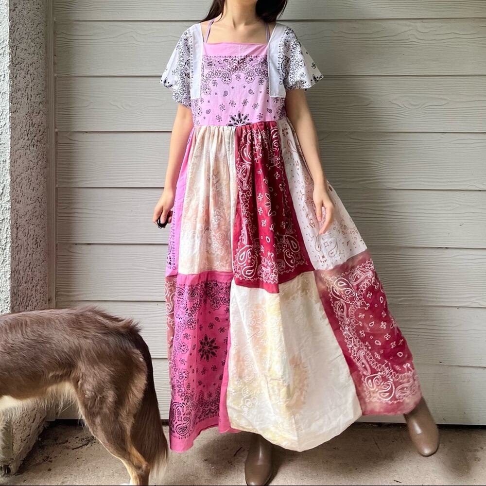 Handmade Earthy Rose Bandana Dress/Bleached/Dyed/Maxi/Short Sleeve SKU 15650